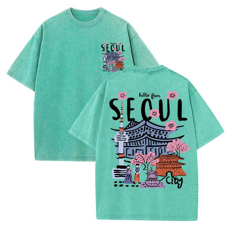 Seoul Beautiful Scenery Bedrucktes gewaschenes T-Shirt für Damen, Sommer, Rundhalsausschnitt, trendige Baumwolle, kurzärmelige Freizeit-T-Shirts L von Joom DACH