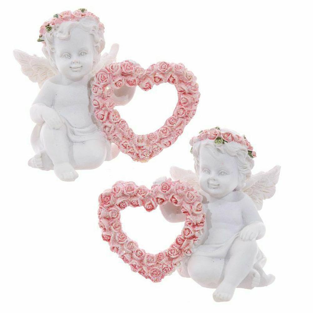 Set aus 2 Harz-Cherub-Statue-Figur Weiß Herz haltend Rosenkranz Skulptur Innen Außen von Joom DACH