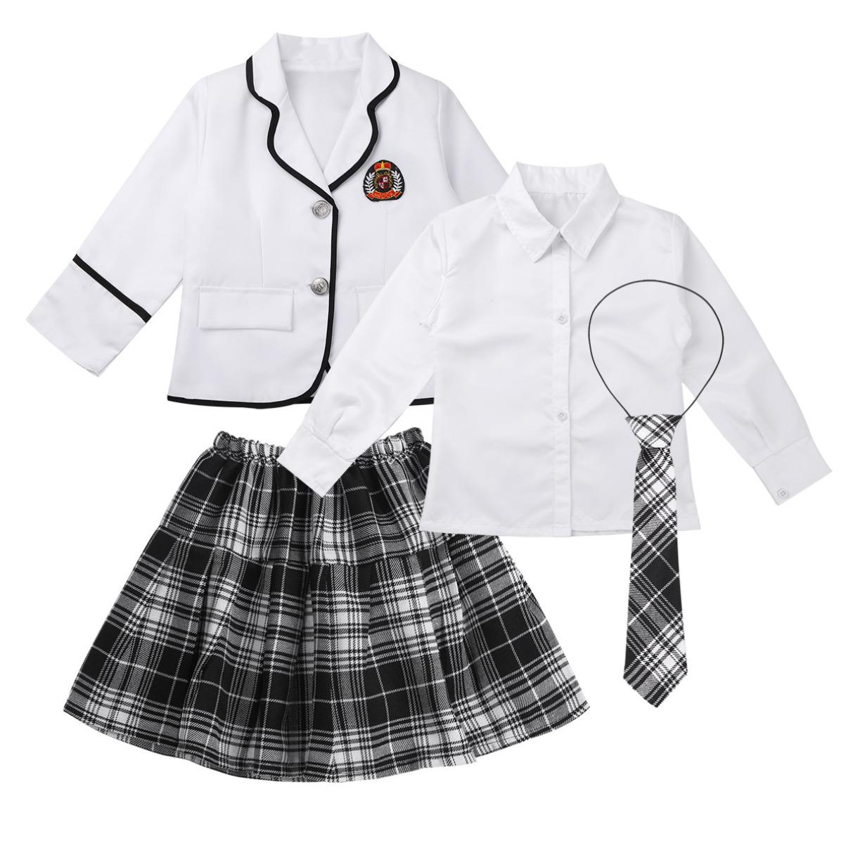 Set für Kinder, Mädchen, britische Schuluniform, langärmlig, weites Revers, Mantel mit Hemd und Krawatte, Minirock 10-12 Years von Joom DACH