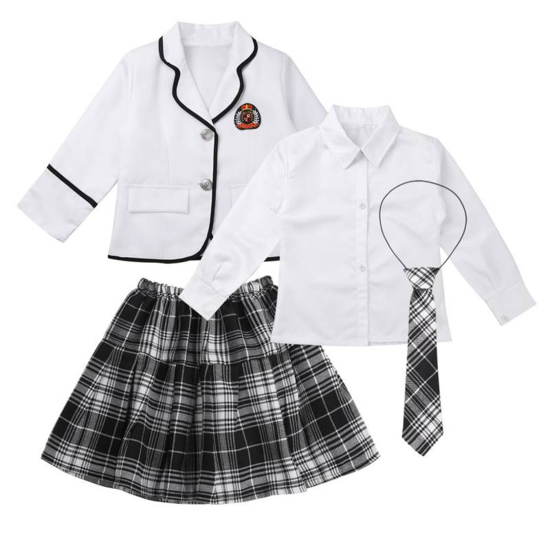 Set für Kinder, Mädchen, britische Schuluniform, langärmlig, weites Revers, Mantel mit Hemd und Krawatte, Minirock 10-12 Years weiß von Joom DACH