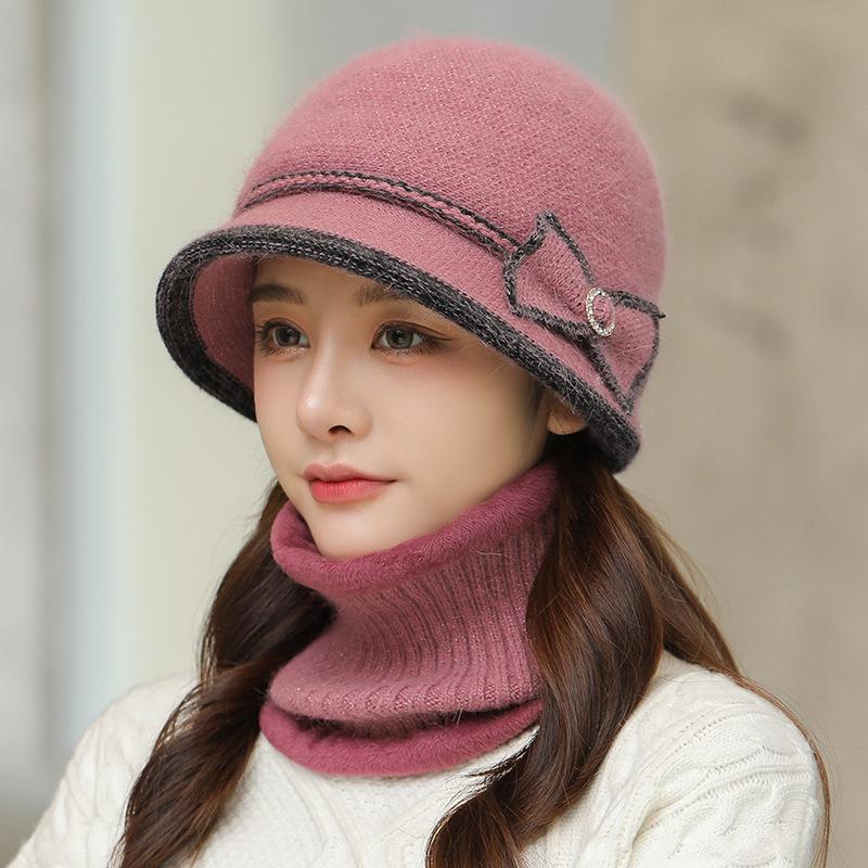 Sets Herbst Winter Damen Kaninchenfell Hüte Hals Schal Sets Einfarbig Glockenhut Gestrickte Wollmützen Warm Lässig Fischerhüte mit Schal Trendig von Joom DACH