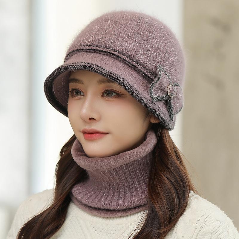 Sets Herbst Winter Damen Kaninchenfell Hüte Hals Schal Sets Einfarbig Glockenhut Gestrickte Wollmützen Warm Lässig Fischerhüte mit Schal Trendig von Joom DACH