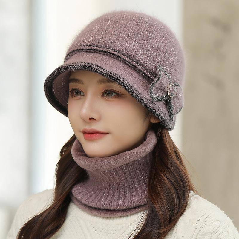 Sets Herbst Winter Damen Kaninchenfell Hüte Hals Schal Sets Einfarbig Glockenhut Gestrickte Wollmützen Warm Lässig Fischerhüte mit Schal Trendig von Joom DACH