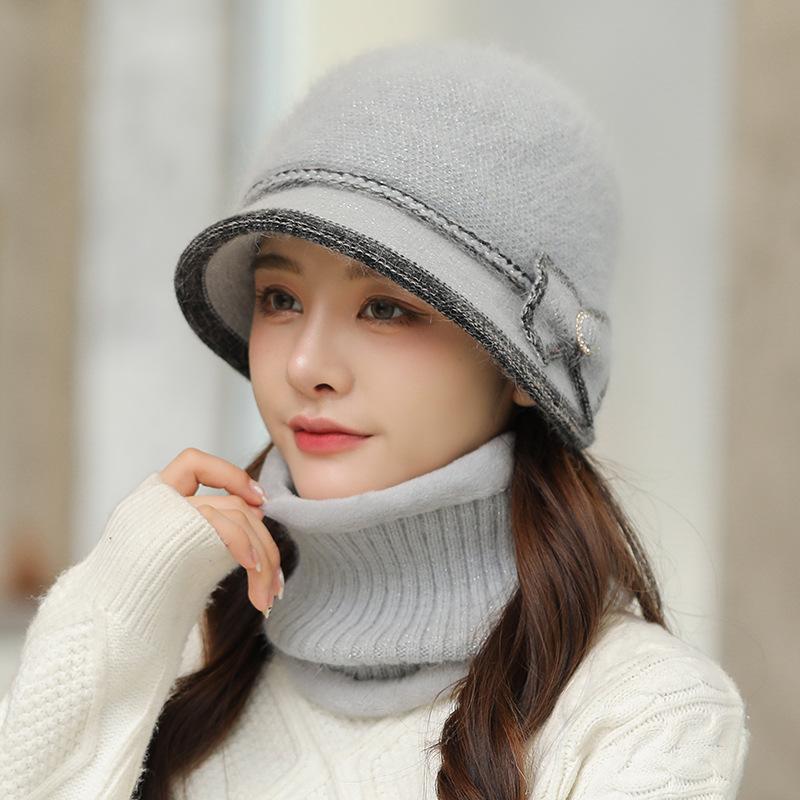Sets Herbst Winter Damen Kaninchenfell Hüte Hals Schal Sets Einfarbig Glockenhut Gestrickte Wollmützen Warm Lässig Fischerhüte mit Schal Trendig von Joom DACH