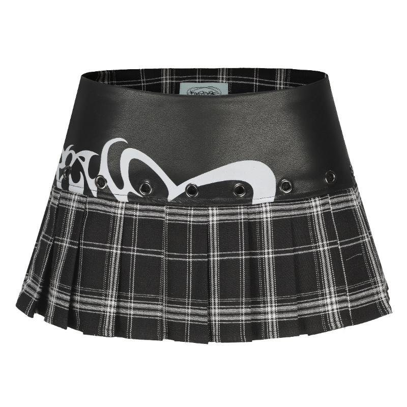 Sexy Plaid Plissee Mini Rock PU Spleißen Punk Niedrige Taille Y2k Ästhetischen Mädchen Röcke Gothic Mädchen Kleidung Damen A-linie Rock M schwarz von Joom DACH