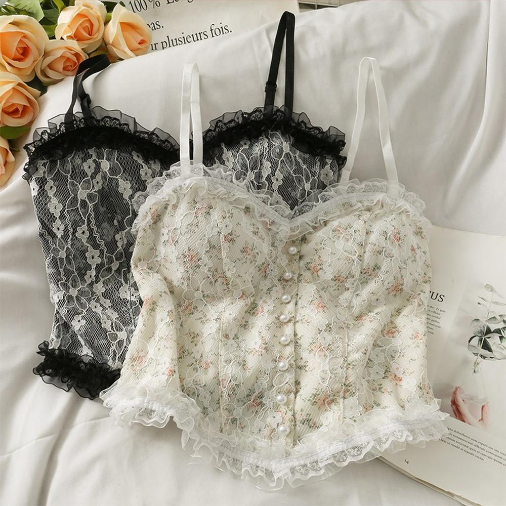 Sexy Tank Top Spitze Print Halter Crop Tops Frauen Sommer Camis Backless Leibchen Mode Perle Rohr Weibliche Ärmellose Abgeschnitten Weste One Size weiß von Joom DACH