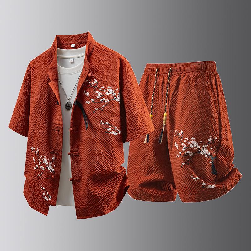 Kurzärmliger Freizeithemd-Anzug für Herren Tang-Anzug Sommer Locker Chinesisch Chinesisch Ethnisch Hanfu Zweiteiliges Set 4XL rot von Joom DACH
