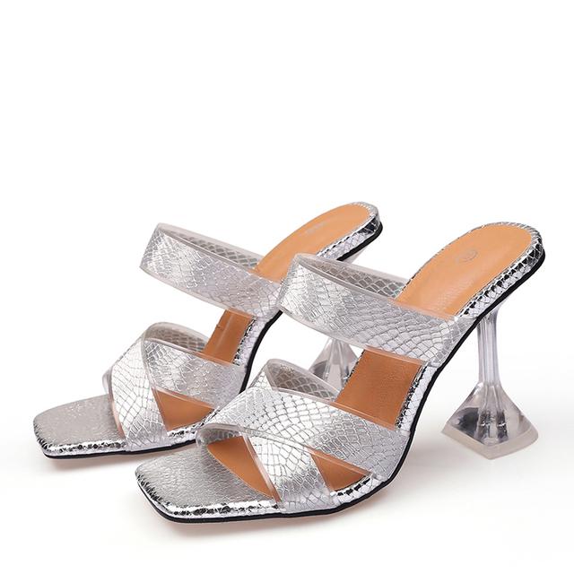 Silber Schlangenmuster Damen Hausschuhe Sandalen Fashion Square Toe Transparent Seltsame Heels Pantoletten Party Schuhe Weiblich 34 silber von Joom DACH