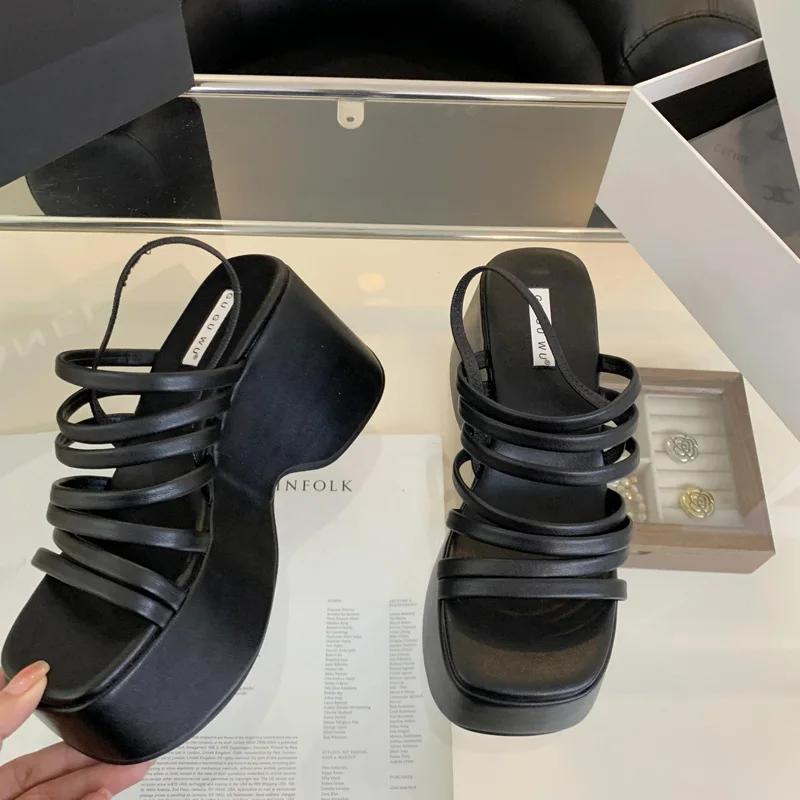 Silberne Keilsandalen Damen Plateau Schuhe Schwarzer Riemen High Heels Gladiator Klobig Absatz Sommer Keile 35 schwarz von Joom DACH