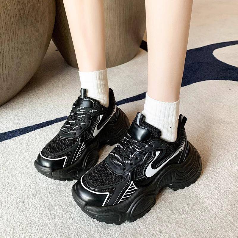 Silberne Plateau-Sneakers für Damen im Frühling und Herbst, neue, allgleiche Muffin-Schnürschuhe 40 schwarz von Joom DACH