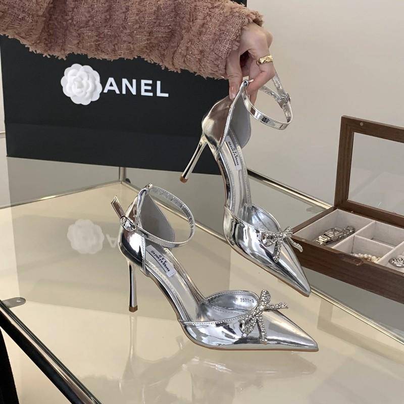 Silberne Spitzschuhe Dünner Absatz Damen Sandalen Strass Schmetterlingsknoten Slingback Pumps Damen Partykleid High Heels Schuhe 39 silber von Joom DACH