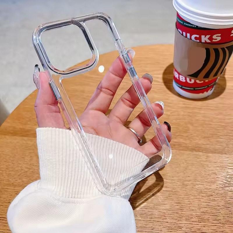 Simplicity Handyhülle für iPhone 16 15 14 13 12 11 Pro Max Plus Acryl Hard Bumper Transparente Rückseite mit silbernem Knopf iPhone 15 Pro Max transparent von Joom DACH