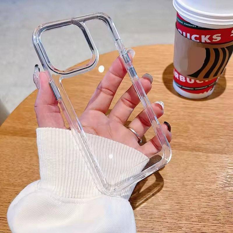 Simplicity Handyhülle für iPhone 16 15 14 13 12 11 Pro Max Plus Acryl Hard Bumper Transparente Rückseite mit silbernem Knopf iPhone 15 Pro Max transparent von Joom DACH