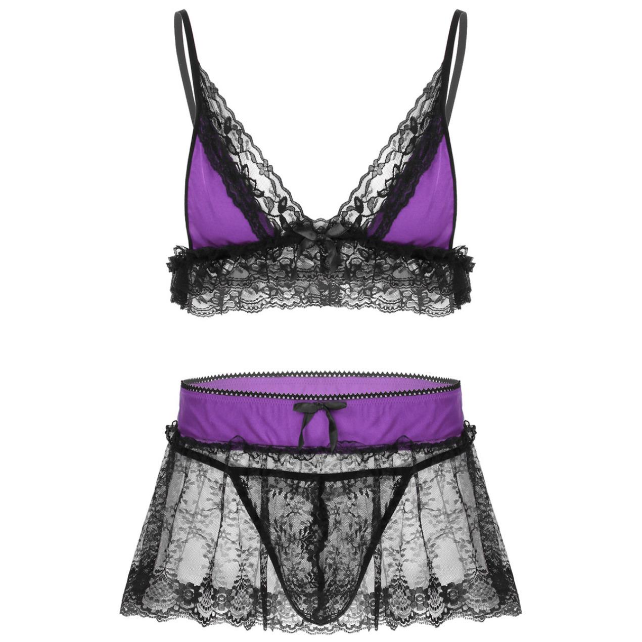 Sissy-Dessous-Set für Herren, gerüschte, transparente Spitze, Nachtwäsche, Babydoll, Crossdressing-Unterwäsche M violett von Joom DACH