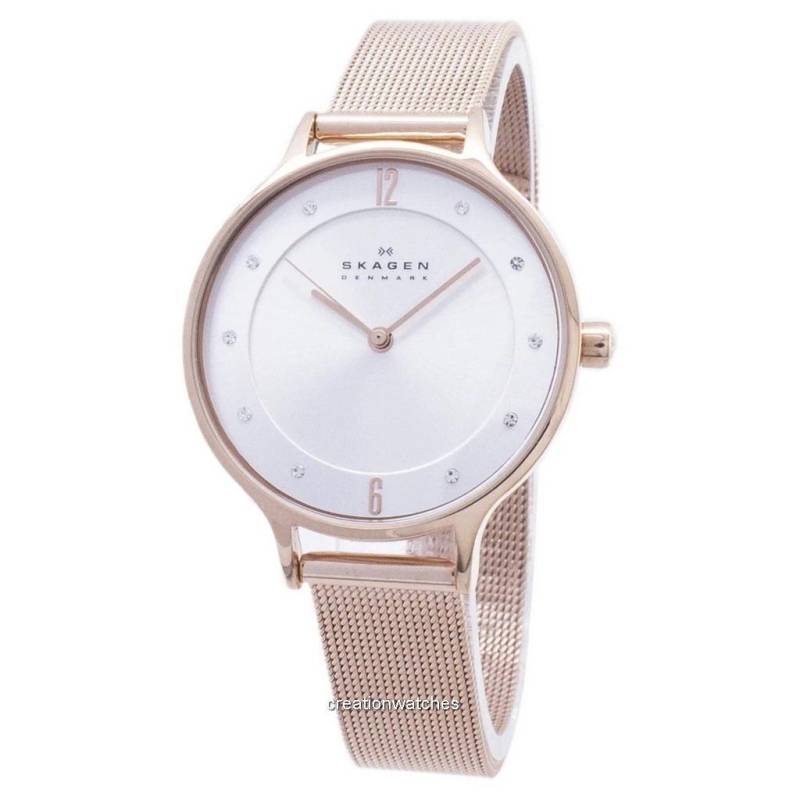 Skagen Anita Damenuhr mit silbernem Zifferblatt, roségoldfarbenem Kristallarmband und Mesh-Armband SKW2151 von Joom DACH