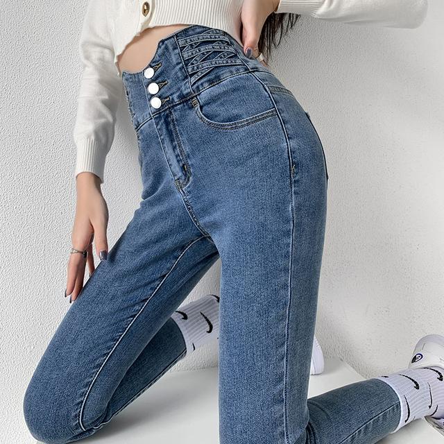 Skinny Pencil Jeans Vier Knöpfe Vintage Hohe Taille Damen Slim Stretch Denim Hose Enge Hose Damenhose L von Joom DACH