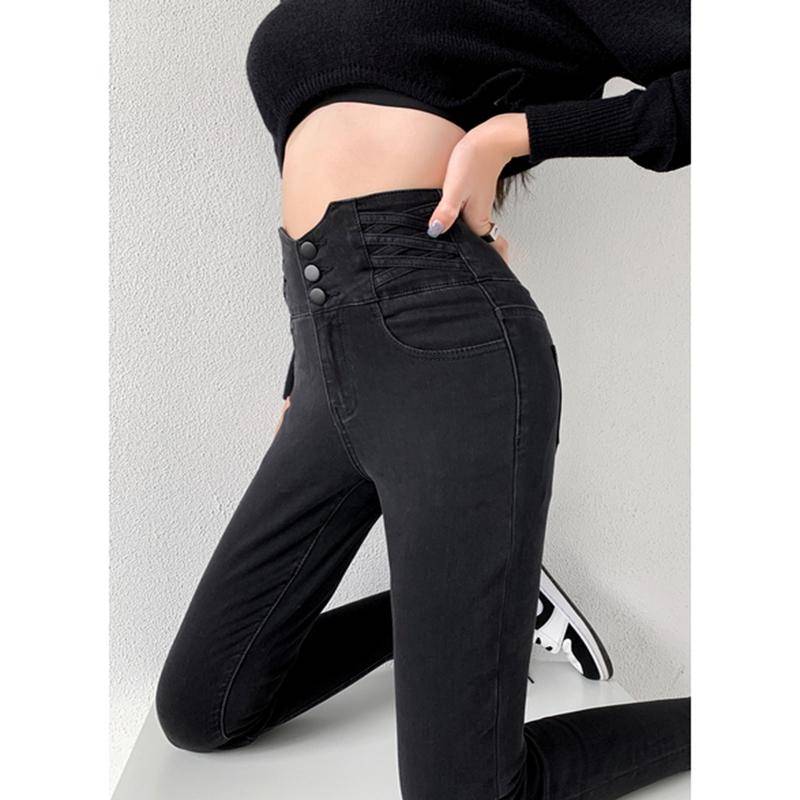 Skinny Pencil Jeans Vier Knöpfe Vintage Hohe Taille Damen Slim Stretch Denim Hose Enge Hose Damenhose S von Joom DACH