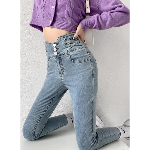 Skinny Pencil Jeans Vier Knöpfe Vintage Hohe Taille Damen Slim Stretch Denim Hose Enge Hose Damenhose S von Joom DACH