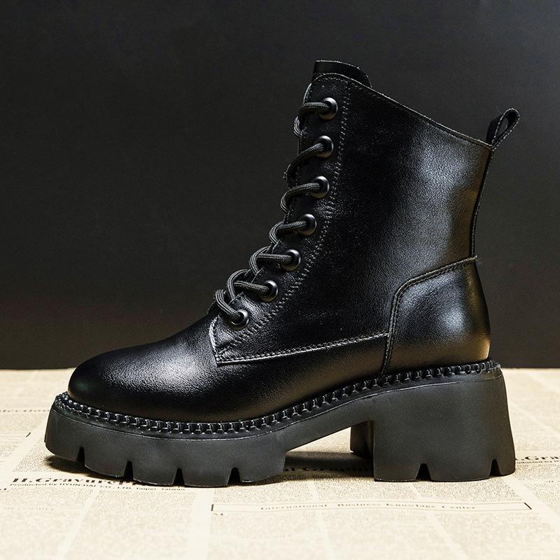 Skinny Stiefel Damen Herbst Neu Echtes Leder Dicke Sohle Frühling und Herbst Vielseitig Ins Mode 40 schwarz von Joom DACH