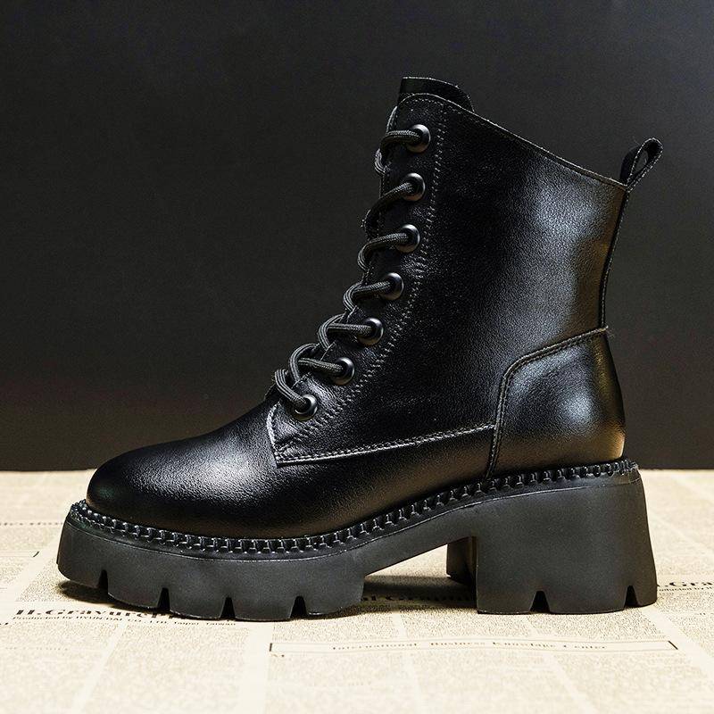Skinny Stiefel Damen Herbst Neu Echtes Leder Dicke Sohle Frühling und Herbst Vielseitig Ins Mode 40 schwarz von Joom DACH