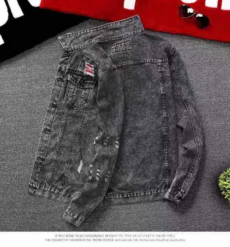 Slim Fit Jeansjacke für Herren im koreanischen Stil – lässige, trendige Oberbekleidung für Frühling und Herbst ripped jacket + XXXL schwarz/grau von Joom DACH