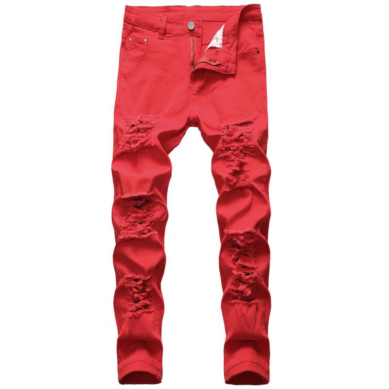 Slim Fit Stretch-Jeans für Herren mit Löchern im Used-Look - Weiß 28 rot von Joom DACH