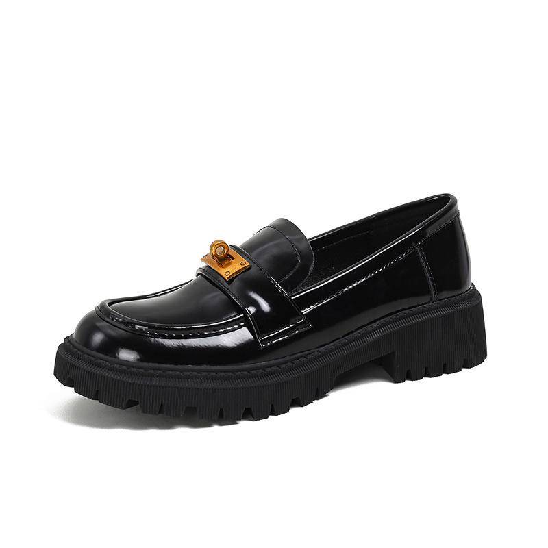 Slip-On-Loafer aus weichem Leder mit runder Zehenpartie und dicker Sohle und goldener Schnalle, kleine Lederschuhe für Damen 43 schwarz von Joom DACH