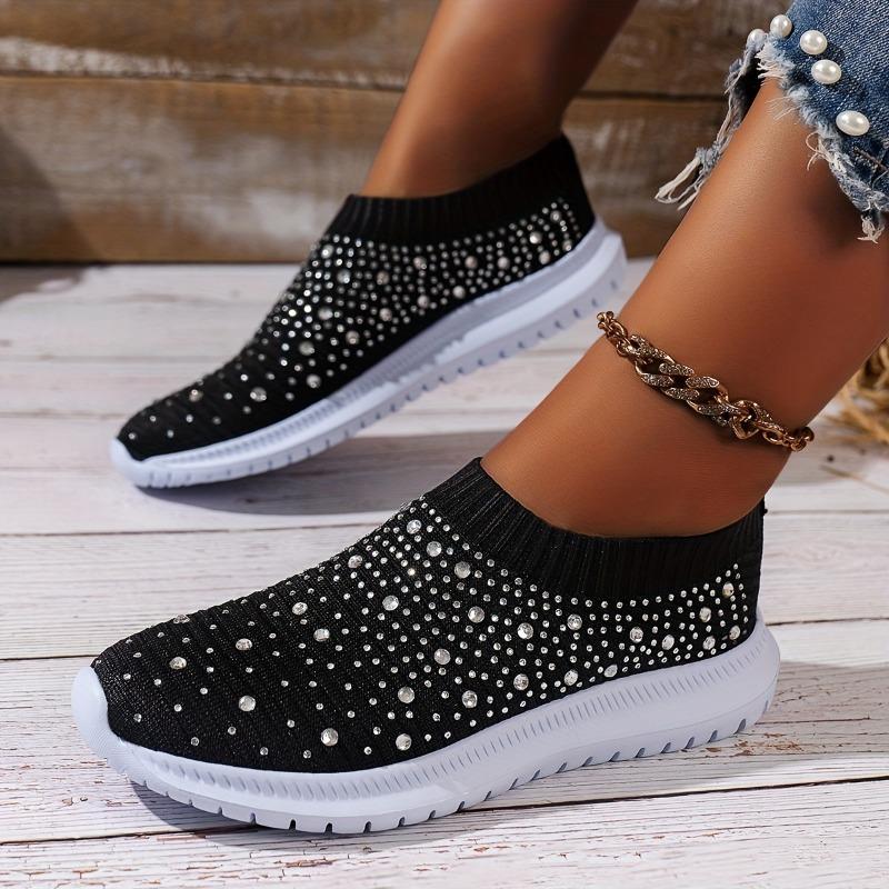Slip-On-Sneakers mit Strass-Dekor für Damen – Bequeme, gestrickte Low-Top-Sneaker für lässiges Gehen im Fitnessstudio 38 schwarz von Joom DACH