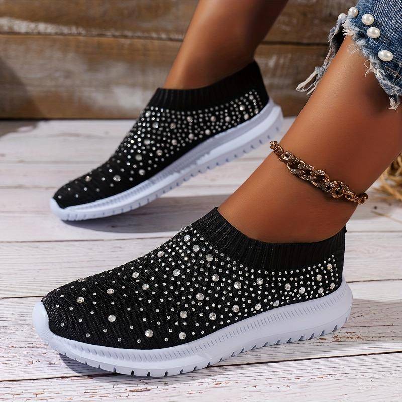 Slip-On-Sneakers mit Strass-Dekor für Damen – Bequeme, gestrickte Low-Top-Sneaker für lässiges Gehen im Fitnessstudio 38 schwarz von Joom DACH