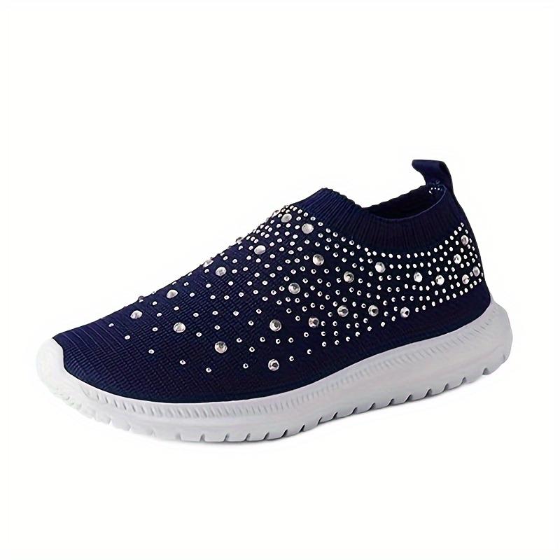 Slip-On-Sneakers mit Strass-Dekor für Damen – Bequeme, gestrickte Low-Top-Sneaker für lässiges Gehen im Fitnessstudio 39 navy blau von Joom DACH