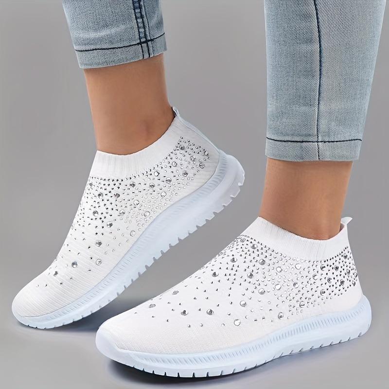Slip-On-Sneakers mit Strass-Dekor für Damen – Bequeme, gestrickte Low-Top-Sneaker für lässiges Gehen im Fitnessstudio 40 weiß von Joom DACH