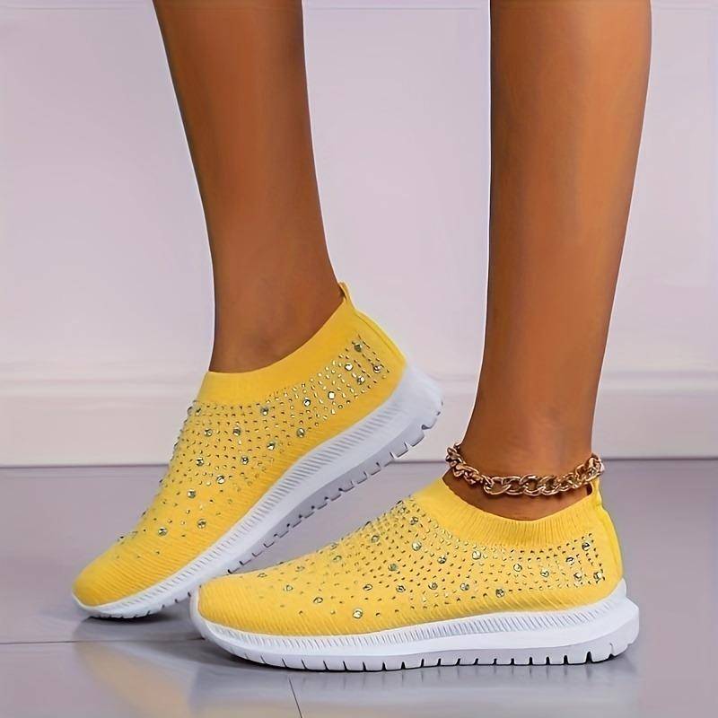 Slip-On-Sneakers mit Strass-Dekor für Damen – Bequeme, gestrickte Low-Top-Sneaker für lässiges Gehen im Fitnessstudio 40 gelb von Joom DACH