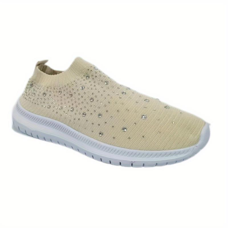 Slip-On-Sneakers mit Strass-Dekor für Damen – Bequeme, gestrickte Low-Top-Sneaker für lässiges Gehen im Fitnessstudio 40 beige von Joom DACH