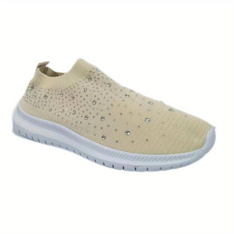 Slip-On-Sneakers mit Strass-Dekor für Damen – Bequeme, gestrickte Low-Top-Sneaker für lässiges Gehen im Fitnessstudio 40 beige von Joom DACH