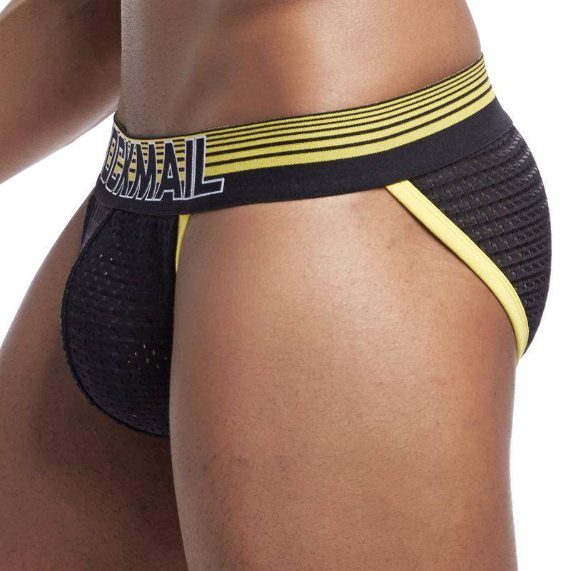 Slips JOCKMAIL Marke Mode Sexy männer Unterwäsche Mesh Atmungs Niedrige Taille Hohe Schlitz Große Hodensack Beutel Sport Underpnats XXL gelb von Joom DACH