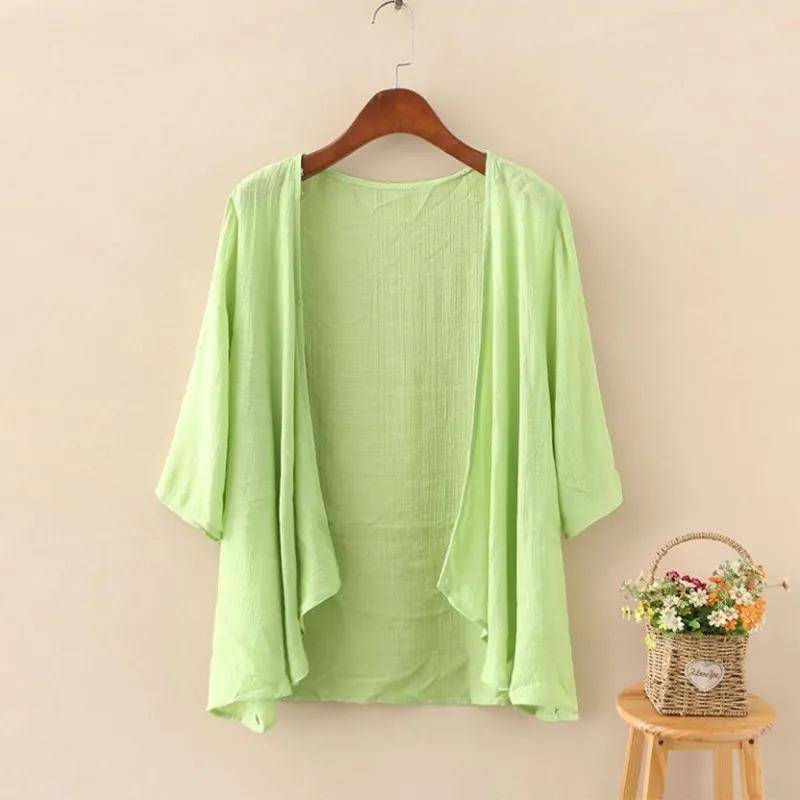 Solide Baumwolle Hanf Strickjacken Frauen Sommer Casual Langarm Blusen Weibliche Dünne Tunika Tops Kimono Cape One Size hellgrüne von Joom DACH