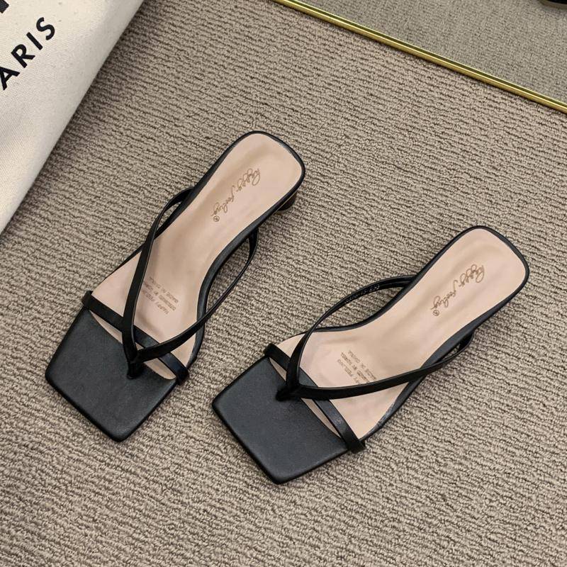 Solide Leder Hausschuhe Damenschuhe High Heels Komfortable Neue Sommer Damenschuhe Frau Mode Coole Maultiere Slides Flip-Flops 39 schwarz von Joom DACH