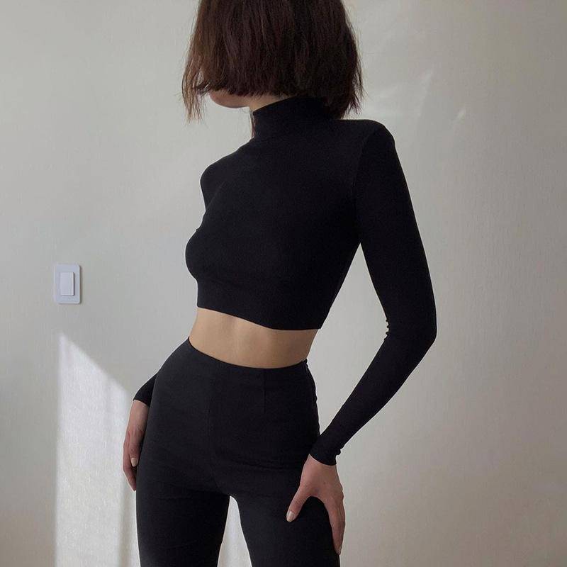 Solide Nude Rollkragen Abgeschnitten T Shirt Frauen Herbst Casual Langarm T-shirt Damen Dünne Grundlegende T-shirt Femme S schwarz von Joom DACH