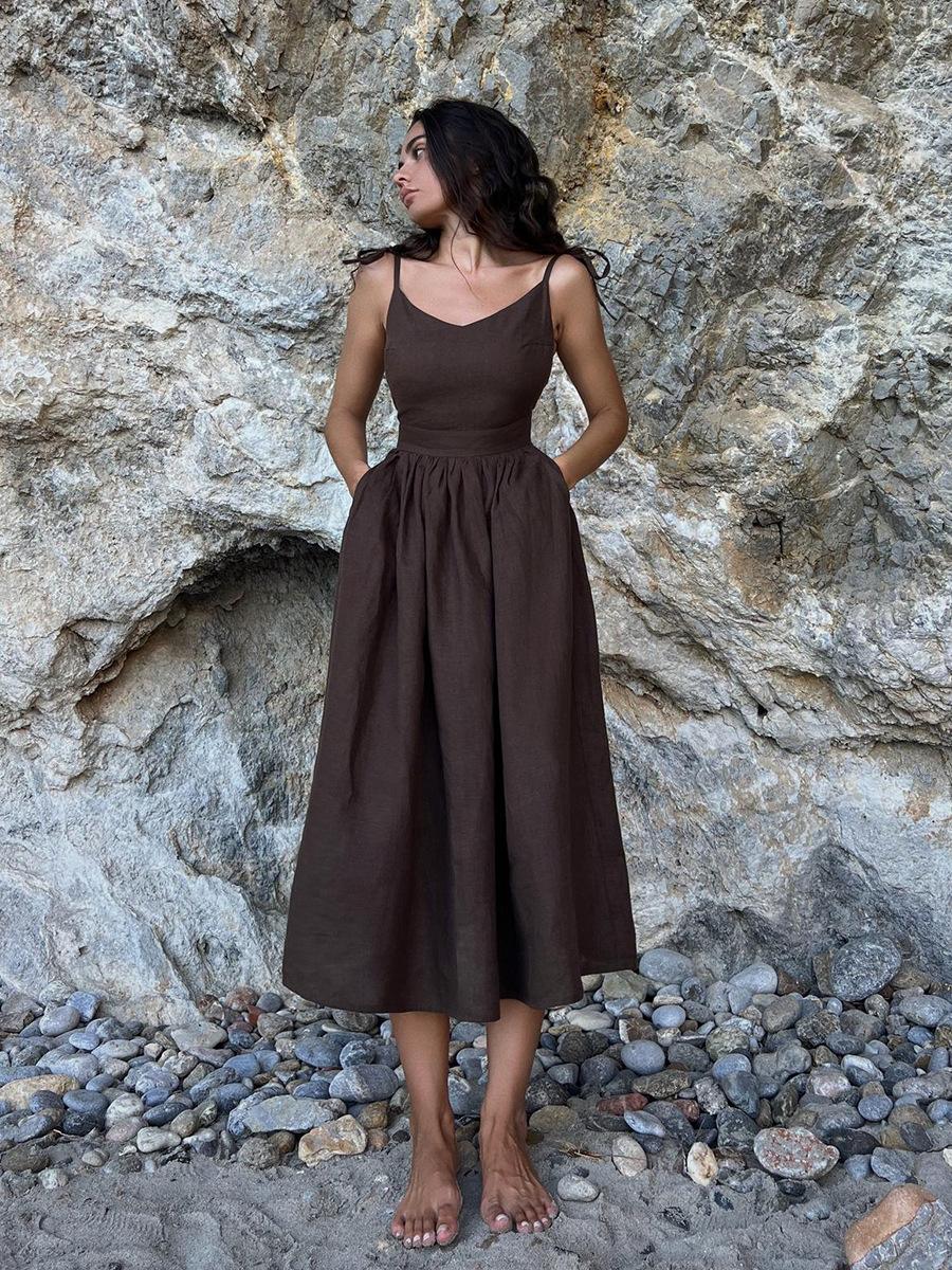 Solide rückenfreie Strand Sling Kleider Frauen 2024 Sommer Vintage V-Ausschnitt ärmellose lose A-Linie Kleid M kaffeebraun von Joom DACH