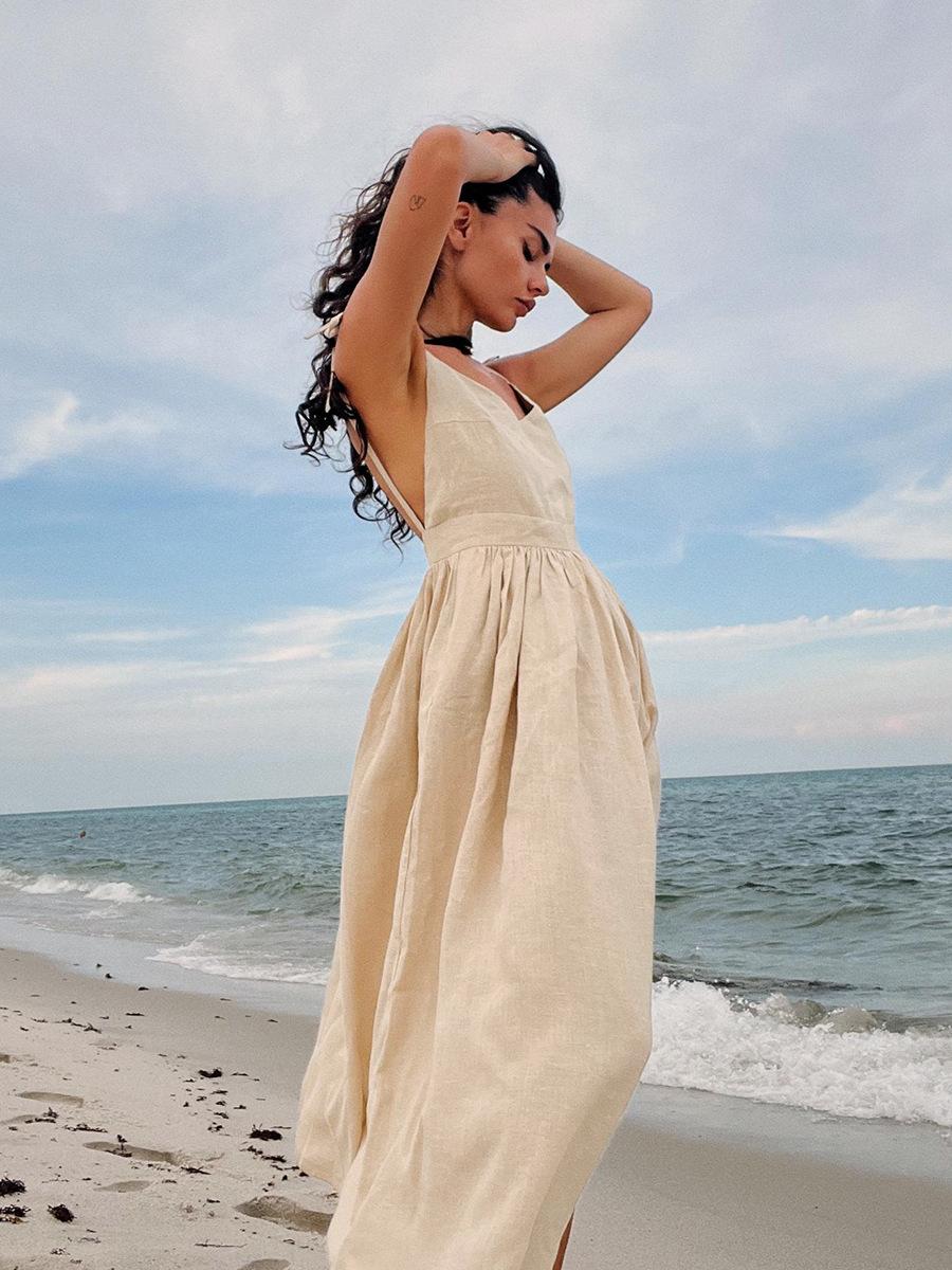 Solide rückenfreie Strand Sling Kleider Frauen 2024 Sommer Vintage V-Ausschnitt ärmellose lose A-Linie Kleid S apricot von Joom DACH