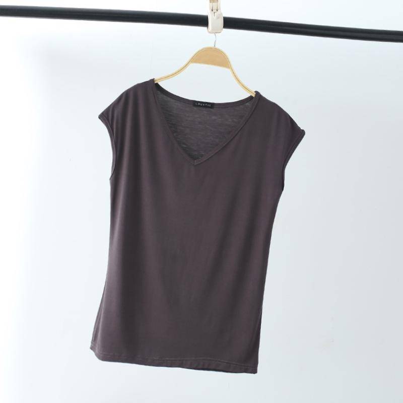 Solides Basic-T-Shirt mit V-Ausschnitt für Damen, Sommer, modal, lockeres T-Shirt, lässiges Unterhemd von M bis 2XL XL grau von Joom DACH