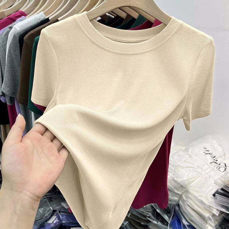 Sommer 2025 Damen Slim Fit Rundhals Kurzarm T-Shirt - Vielseitiges einfarbiges Oberteil XXL (70-80 kg) von Joom DACH