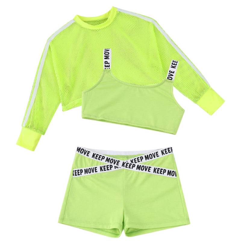 Sommer 3Pcs Kinder Mädchen Schwimmen Anzug Straps Crop Weste Mit Aushöhlen Atmungsaktive Net Cover Up Tops Und Shorts set 15-16 Years fluoreszierende grün von Joom DACH