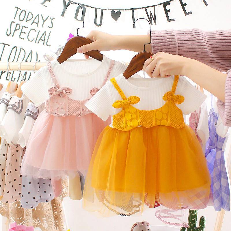 Sommer Baby Mädchen Prinzessin Kleid Gefälschte 2 Stück Kleinkind Mesh Design Kurzarm Baumwolle Sommerkleid 0-6m rosa von Joom DACH