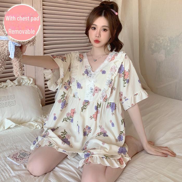 Sommer-Baumwoll-Pyjama für Damen in Übergröße mit niedlichen kurzen Ärmeln und Brustpolstern. 6XL von Joom DACH