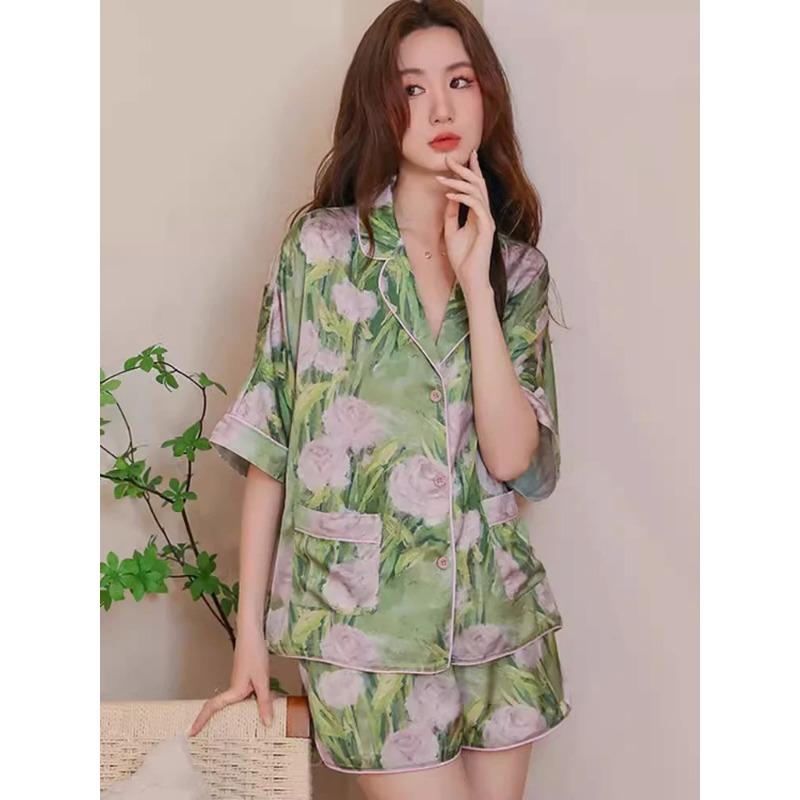 Sommer Bedruckter Damen Maulbeerseide Kurzer Pyjama Natürlicher Damen Sommeranzug Pyjama Reine Seide Kurzes Pyjama Set 2 Teile XL grün von Joom DACH