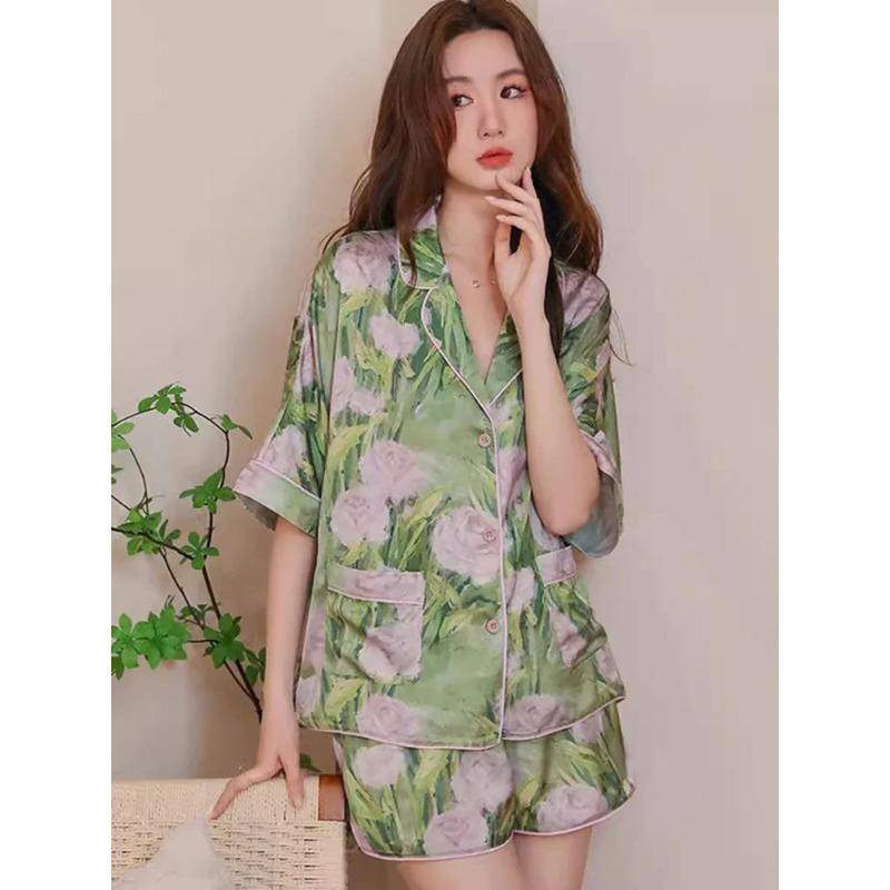 Sommer Bedruckter Damen Maulbeerseide Kurzer Pyjama Natürlicher Damen Sommeranzug Pyjama Reine Seide Kurzes Pyjama Set 2 Teile XL grün von Joom DACH