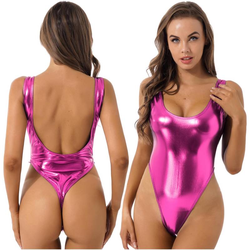 Sommer-Bikini mit hohem Schnitt für Damen, ärmellos, hochgeschnittener Lackleder-Bikini-Tanga, Gymnastik-Trikot hellrosa von Joom DACH