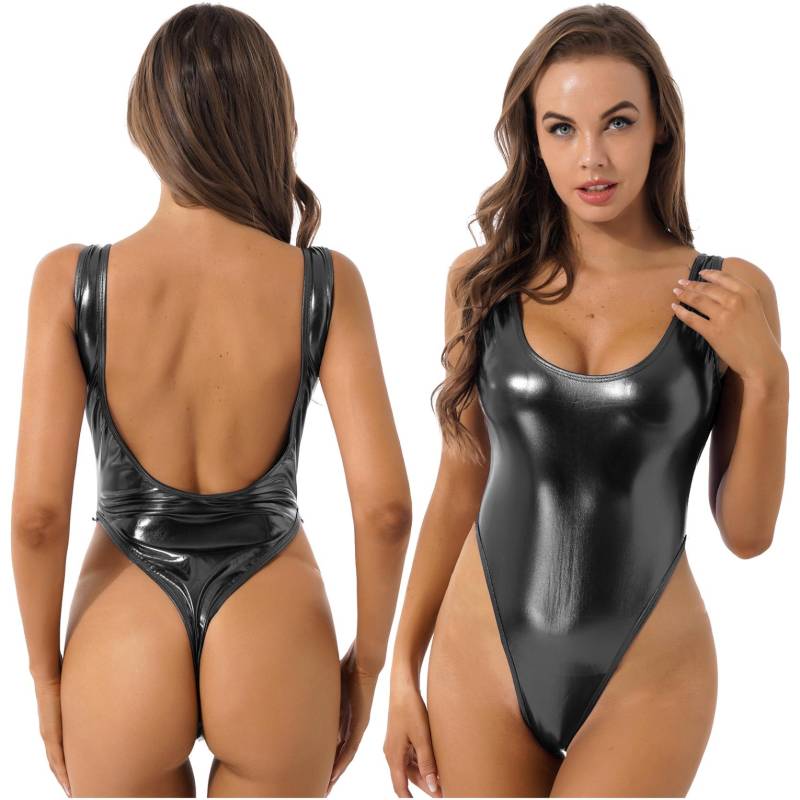 Sommer-Bikini mit hohem Schnitt für Damen, ärmellos, hochgeschnittener Lackleder-Bikini-Tanga, Gymnastik-Trikot schwarz von Joom DACH