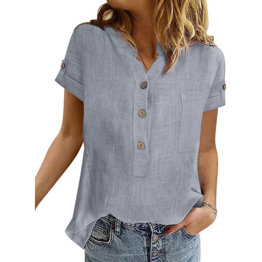 Sommer-Bluse aus Baumwollleinen mit Patchwork-Muster und Retro-Taschen für Damen, lässig, V-Ausschnitt, Knopfleiste, kurze Ärmel, einfarbig XL grau von Joom DACH